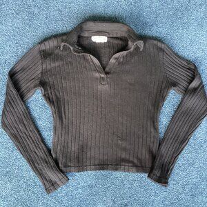 Black Ribbed Polo Long-sleeve Sweater - Small